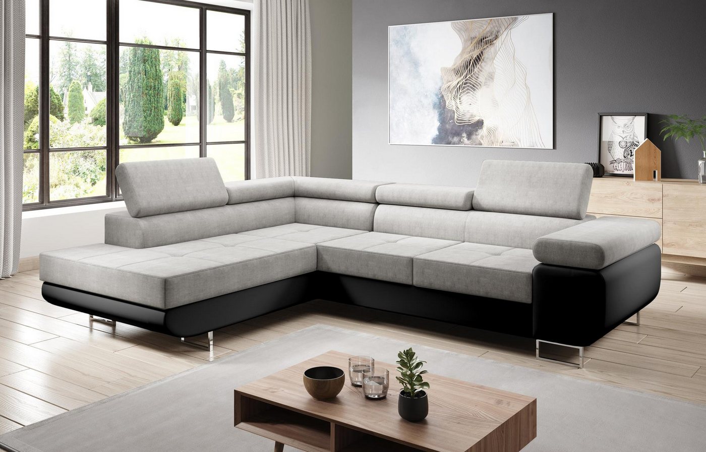 Furnix Ecksofa Zante Eckcouch L-Form Sofa mit Schlaffunktion Eco-Leder-Kuschelstoff, Maße BxHxT: 275x90x202 cm, Bettkasten, verstellbare Kopfstützen von Furnix