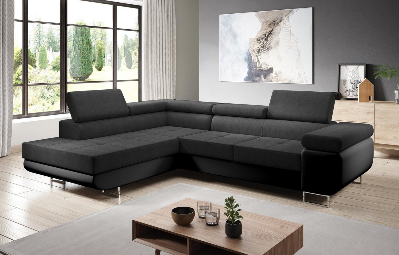 Furnix Ecksofa Zante Eckcouch L-Form Sofa mit Schlaffunktion Eco-Leder-Kuschelstoff, Maße BxHxT: 275x90x202 cm, Bettkasten, verstellbare Kopfstützen von Furnix