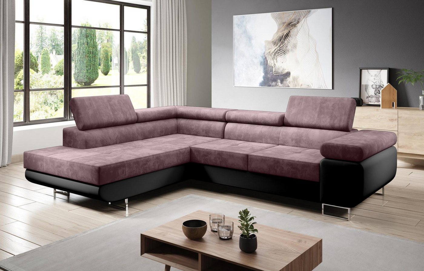 Furnix Ecksofa Zante Eckcouch L-Form Sofa mit Schlaffunktion Eco-Leder-Kuschelstoff, Maße BxHxT: 275x90x202 cm, Bettkasten, verstellbare Kopfstützen von Furnix