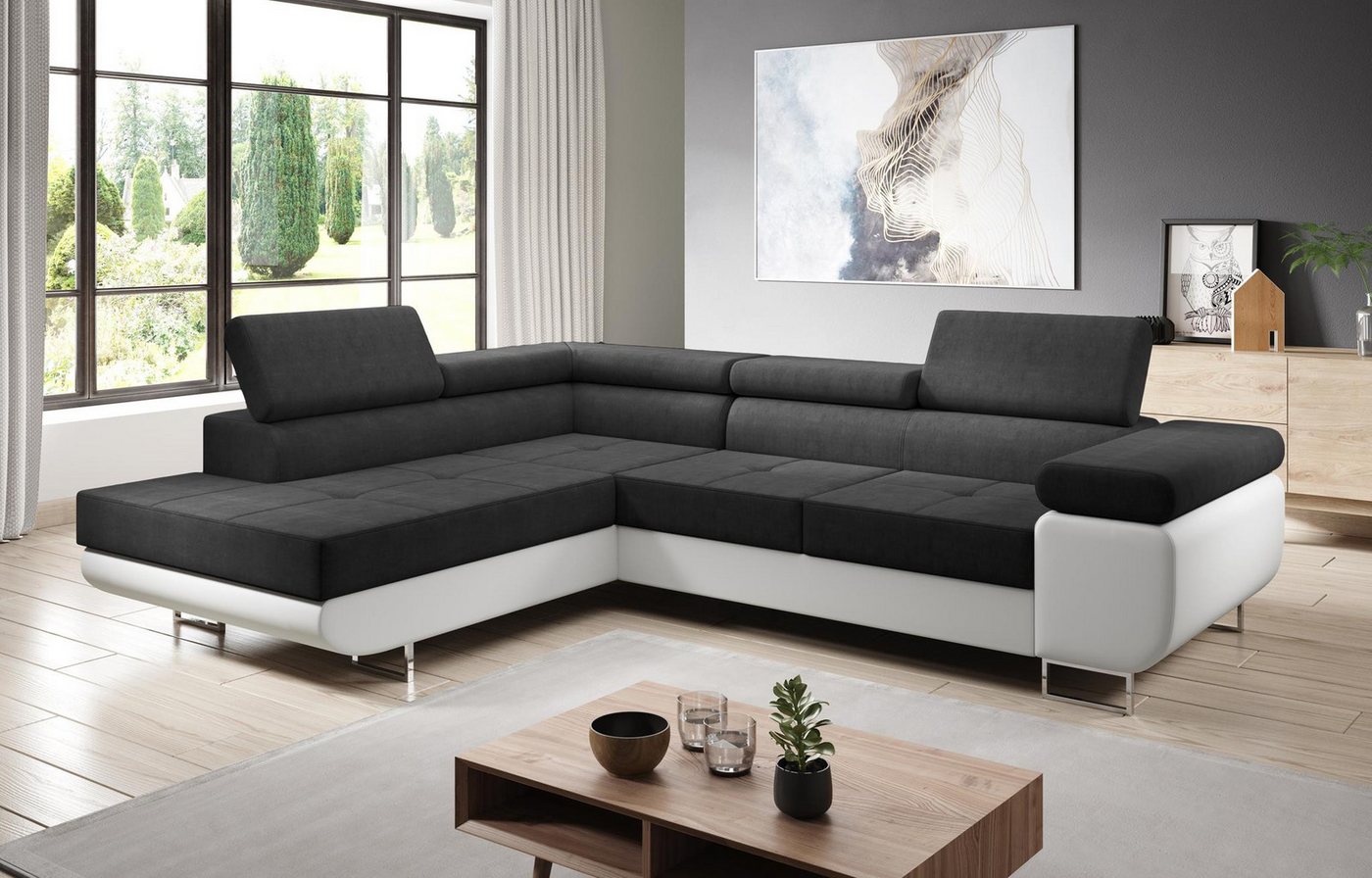 Furnix Ecksofa Zante Eckcouch L-Form Sofa mit Schlaffunktion Eco-Leder-Plüschlook, Maße BxHxT: 275x90x202 cm, Bettkasten und verstellbare Kopfstützen von Furnix