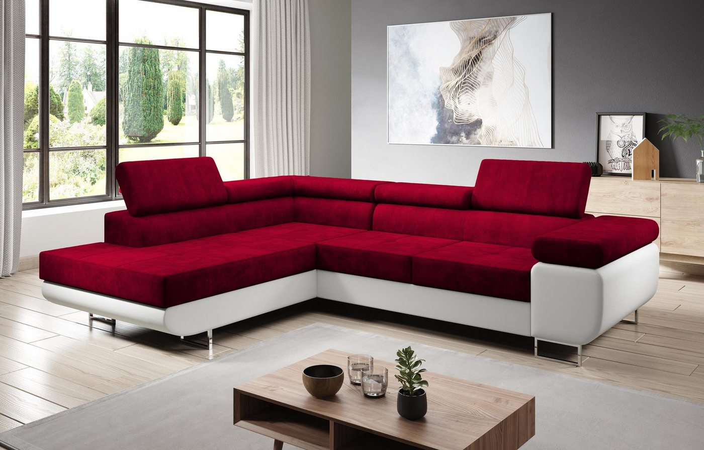 Furnix Ecksofa Zante Eckcouch L-Form Sofa mit Schlaffunktion Eco-Leder-Plüschlook, Maße BxHxT: 275x90x202 cm, Bettkasten und verstellbare Kopfstützen von Furnix