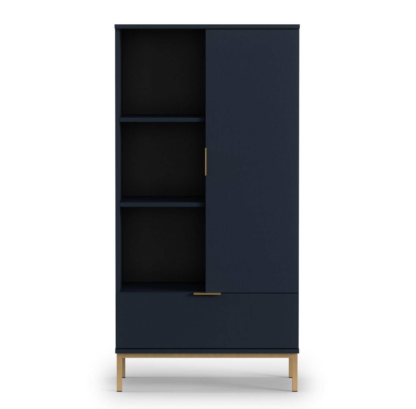 Furnix Glasvitrine FMALAGAS R70 Highboard mit Schublade Tür Marineblau oder Schwarz B70 x H140 x T41 cm, Metallgestell in Altgoldoptik von Furnix