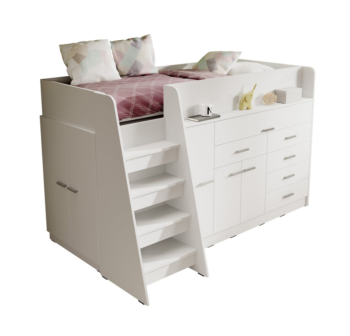 Furnix Hochbett INGENIOS 80x190 Kinderbett Etagenbett mit Schränken ohne Matratze Weiß Schreibtischfunktion, viel Stauraum, robust, Rausfallschutz von Furnix