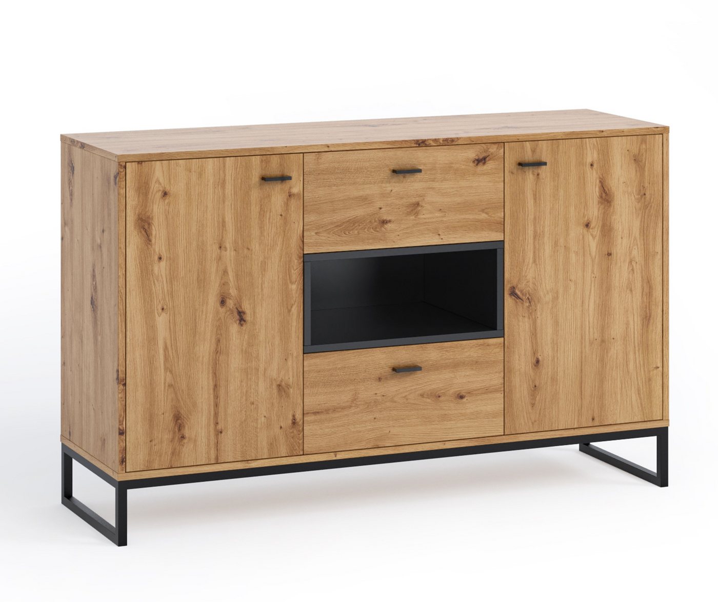 Furnix Hochkommode RELIO Scandi-Schrank mit 2 Schubladen und Ablagen und Drehtüren, B135 x H83,6 x T40 cm von Furnix