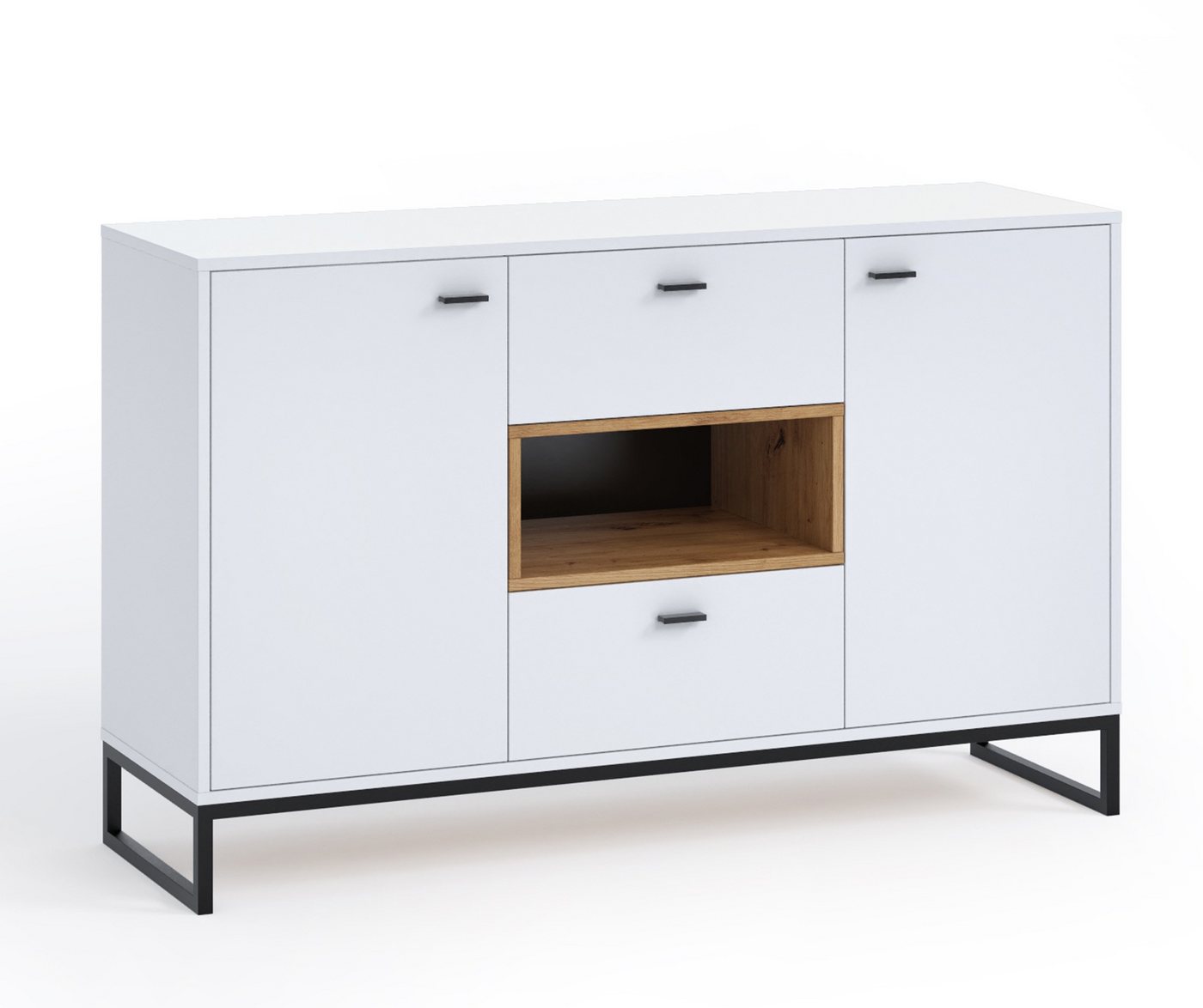 Furnix Hochkommode RELIO Scandi-Schrank mit 2 Schubladen und Ablagen und Drehtüren, B135 x H83,6 x T40 cm von Furnix