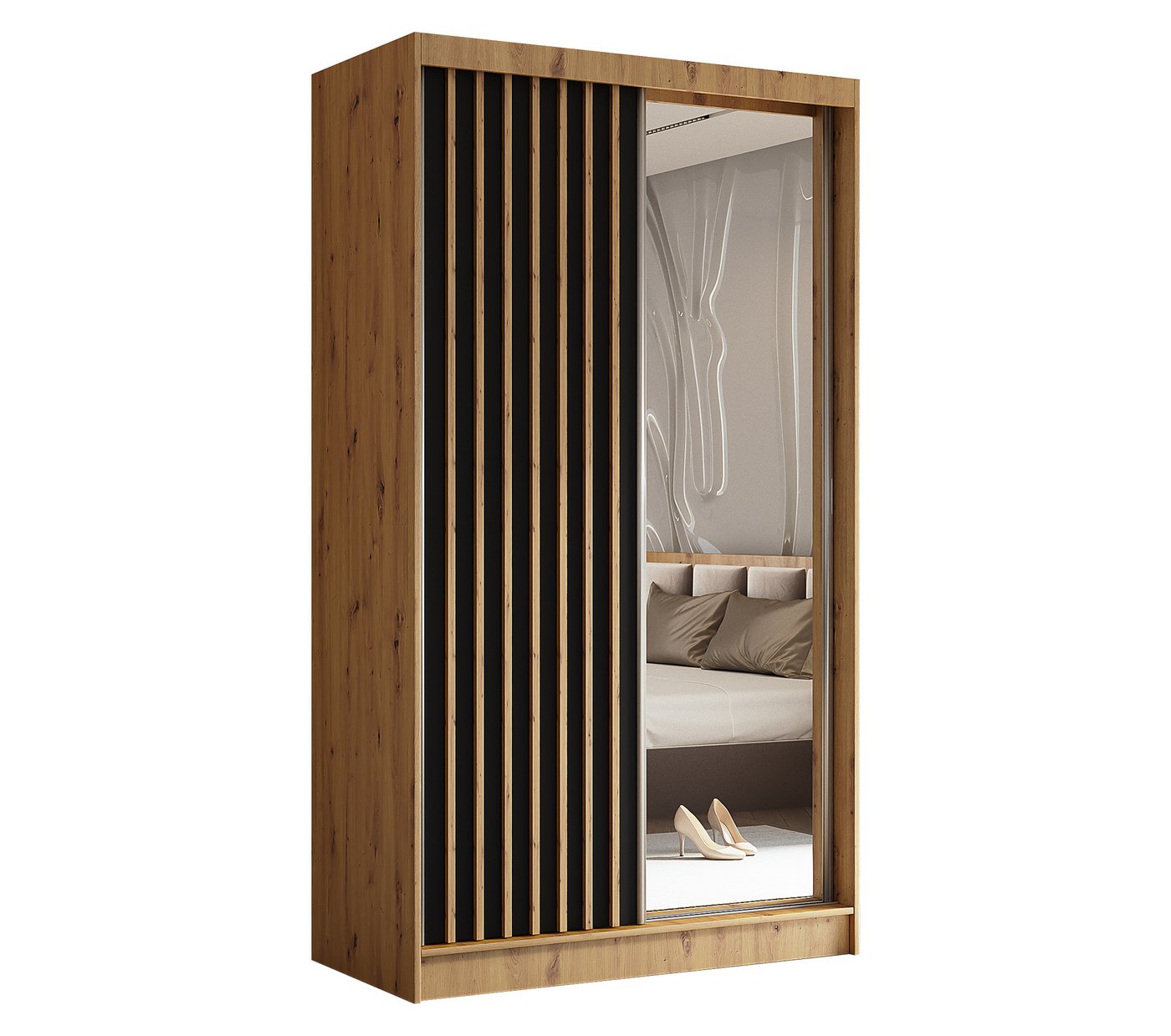 Furnix Kleiderschrank Lillienne-120 Schiebetüren-Schrank mit Schiebetüren & Spiegel Auswahl Masse BxHxT: 120x216x61 cm, moderne Lamellen-Optik von Furnix