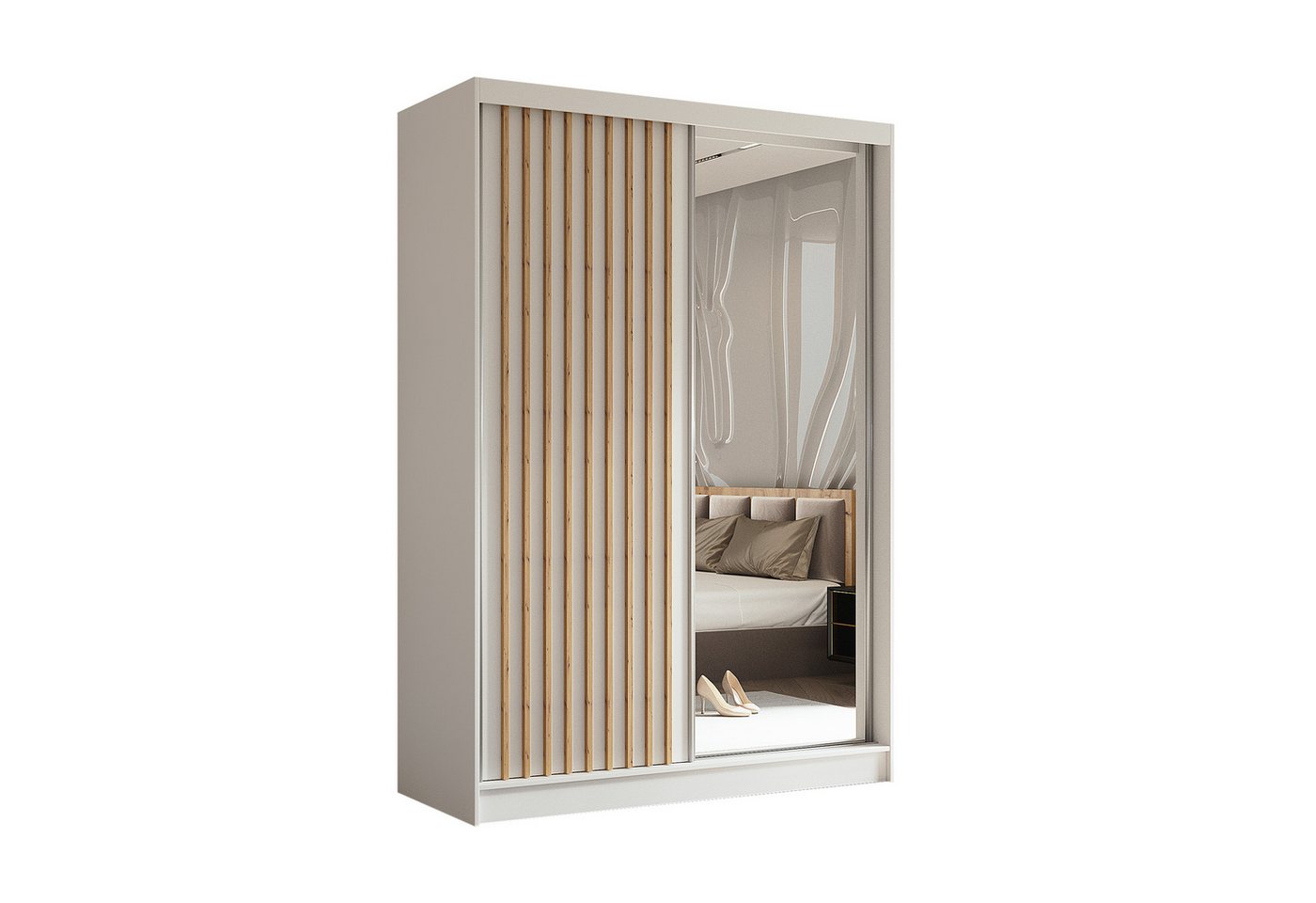 Furnix Kleiderschrank Lillienne-150 Schiebetüren-Schrank mit Schiebetüren & Spiegel Auswahl Masse BxHxT: 150x216x61 cm, moderne Lamellenoptik von Furnix