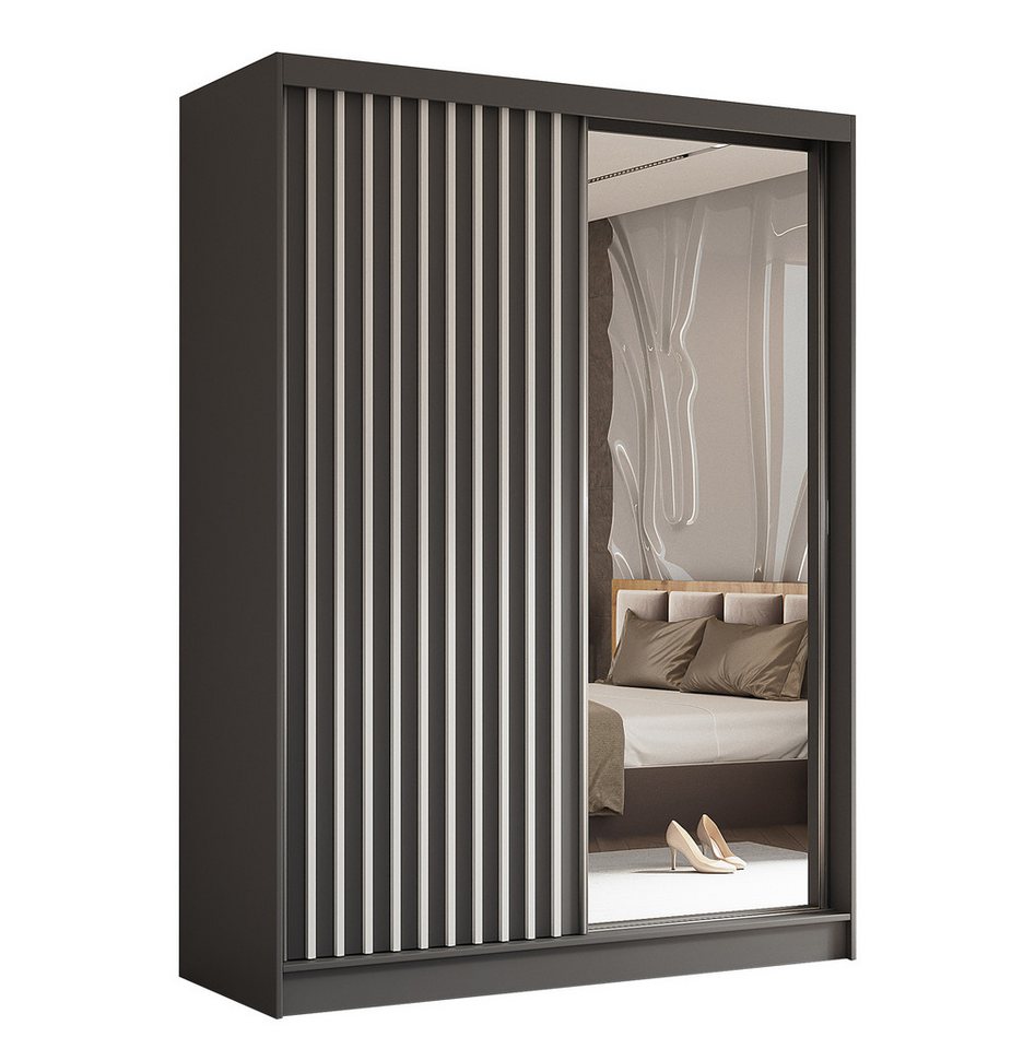 Furnix Kleiderschrank Lillienne-160 Schiebetüren-Schrank mit Schiebetüren & Spiegel Auswahl Masse BxHxT: 160x216x61 cm, moderne Lamellen-Optik von Furnix