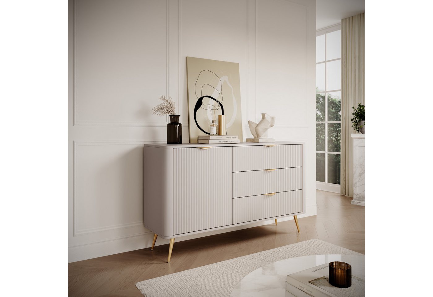 Furnix Kombikommode Katine 138 cm Sideboard mit Schubladen und Tür Beige/Gold oder Schwarz, BxHxT 138,2x81,2x38 cm, dekorativ & robust von Furnix