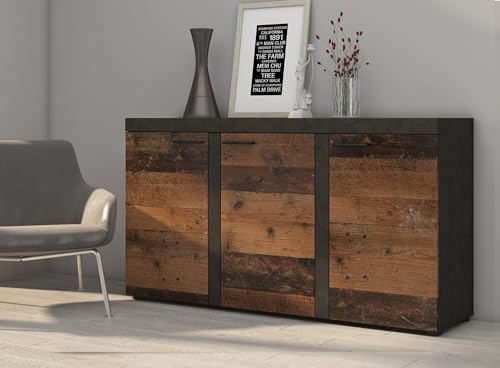 Furnix Kommode RIVAY 3 Türen Schubladenkommode Holz Mehrzweckschrank Kleiderschrank Flur Schlafzimmer Wohnzimmer Badezimmer Kinderzimmer Sideboard Highboard B148,8 x H82 x T40,3 cm Oldstyle Matera von Furnix