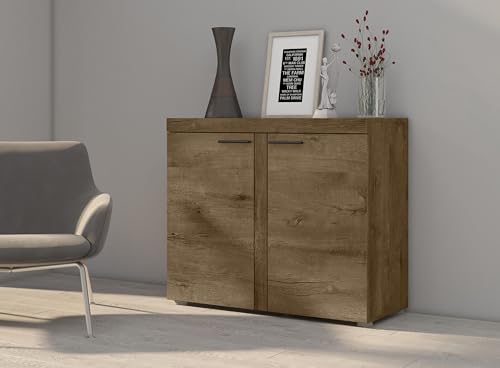 Furnix Kommode RIVAY mit 2 Türen Schubladenkommode Holz Mehrzweckschrank Kleiderschrank Flur Schlafzimmer Wohnzimmer Badezimmer Kinderzimmer Sideboard Highboard B97 x H82 x T40,3 cm Lefkas Eiche von Furnix