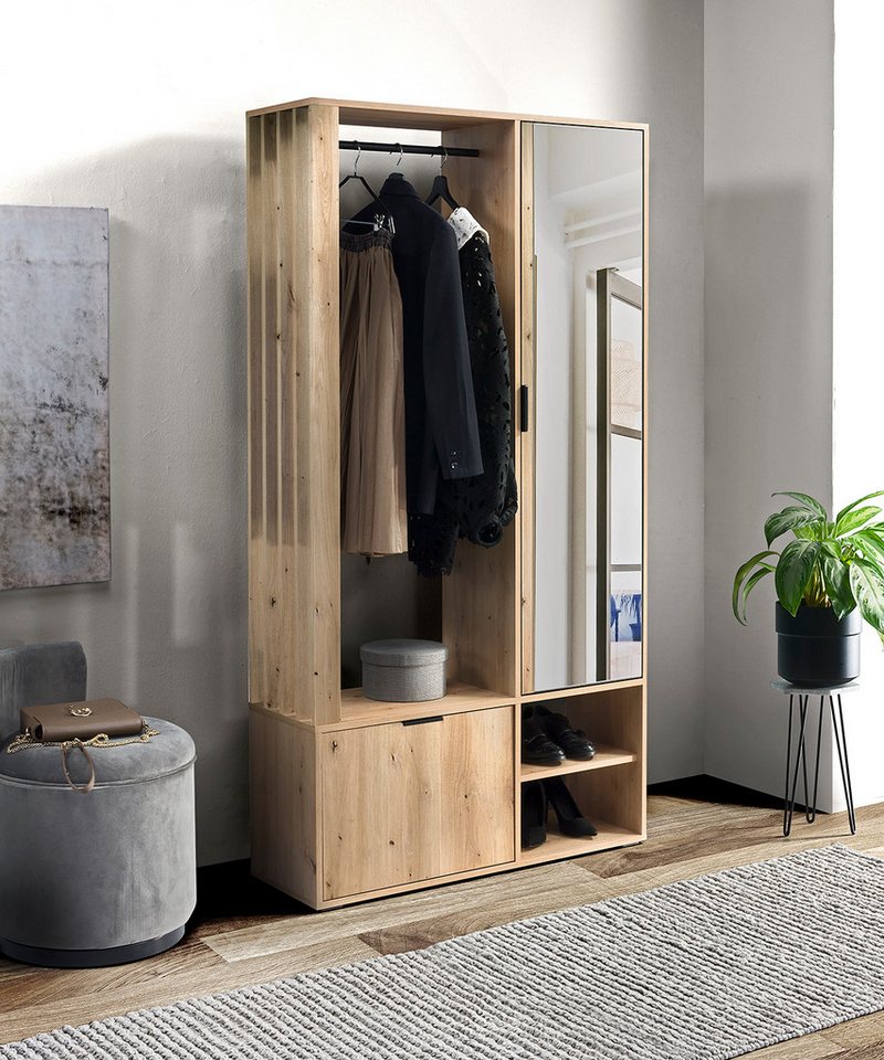 Furnix Kompaktgarderobe DAPHNIS Garderobe Spiegelschrank, Stange, Schuhschrank Eiche Artisan Abmessungen: B100 cm x T33 cm x H189,4 cm, Lamellenoptik von Furnix