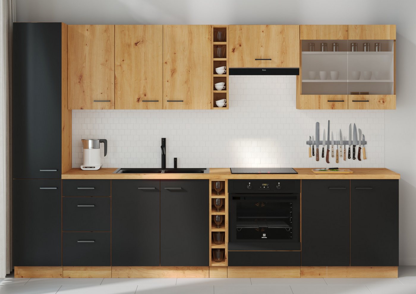 Furnix Küche Montijo Einbauküche 315 cm Küchenzeile mit Hängeschränken hochwertig, 315x210x60 cm, elegantes Design & Funktionalität von Furnix