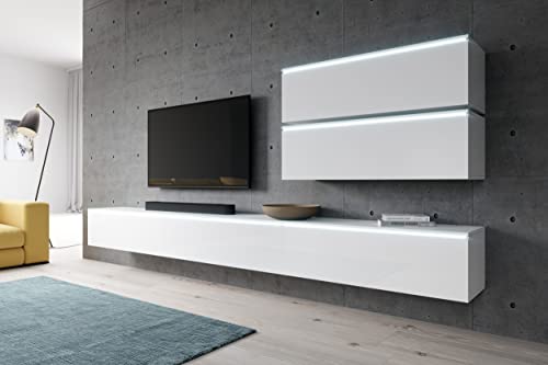 Furnix Mediawand Bargo V mit LED - Wandschrank Schrankwand Wohnzimmer aus 5 Elementen - Freistehend/Wandmontage - 5-TLG Komplett-Set - Wohnwand mit viel Stauraum - Farbe Weiß von Furnix