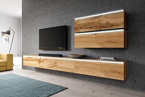 Furnix Mediawand Bargo V mit LED - Wandschrank Schrankwand Wohnzimmer aus 5 Elementen - Freistehend/Wandmontage - 5-TLG Komplett-Set - Wohnwand mit viel Stauraum - Farbe Wotan von Furnix