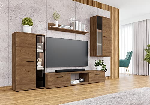 Furnix Mediawand Sarai Schrankwand Wohnwand Wandschrank Wohnzimmer 4-TLG Komplett-Set - TV Lowboard, Vitrine, Hängeregal und Wandregal Freistehend (Gesamt: B240 x H180 x T40,2 cm) Farbe Lefkas von Furnix