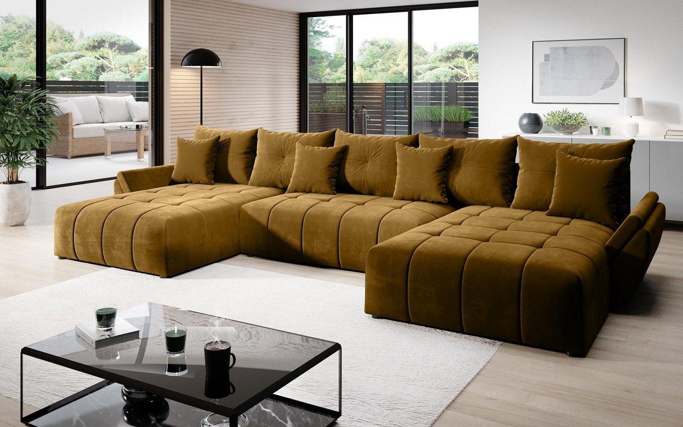 Furnix Schlafsofa CALVANI U Polstercouch in U-Form mit Bettkasten Kissen, 382 x 190 x 71/91 cm, hochwertig, made in Europe von Furnix