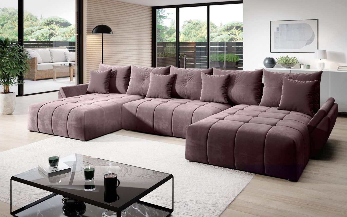 Furnix Schlafsofa CALVANI U Polstercouch in U-Form mit Bettkasten Kissen, 382 x 190 x 71/91 cm, hochwertig, made in Europe von Furnix