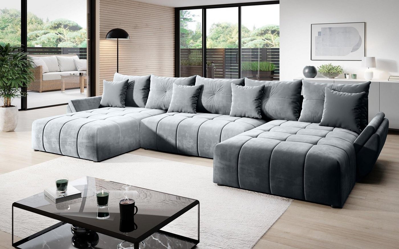 Furnix Schlafsofa CALVANI U Polstercouch in U-Form mit Bettkasten Kissen, 382 x 190 x 71/91 cm, hochwertig, made in Europe von Furnix