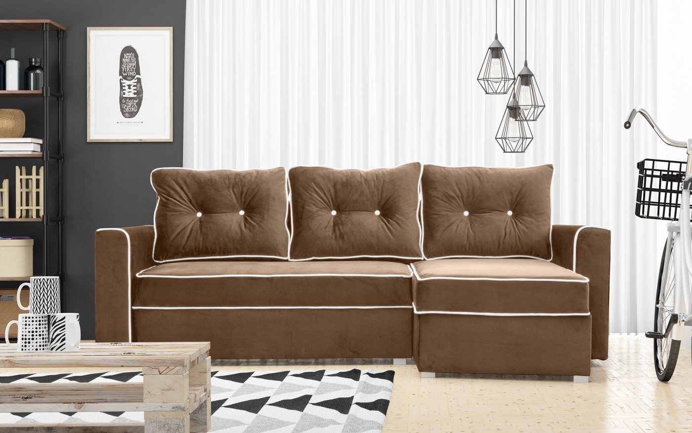 Furnix Schlafsofa ELARE Ecksofa Polstercouch mit Schlaffunktion, 2x Bettkasten, B230 x H90 x T145 cm, Sitzhöhe 45 cm, Liegefläche: 200 x 130 cm von Furnix