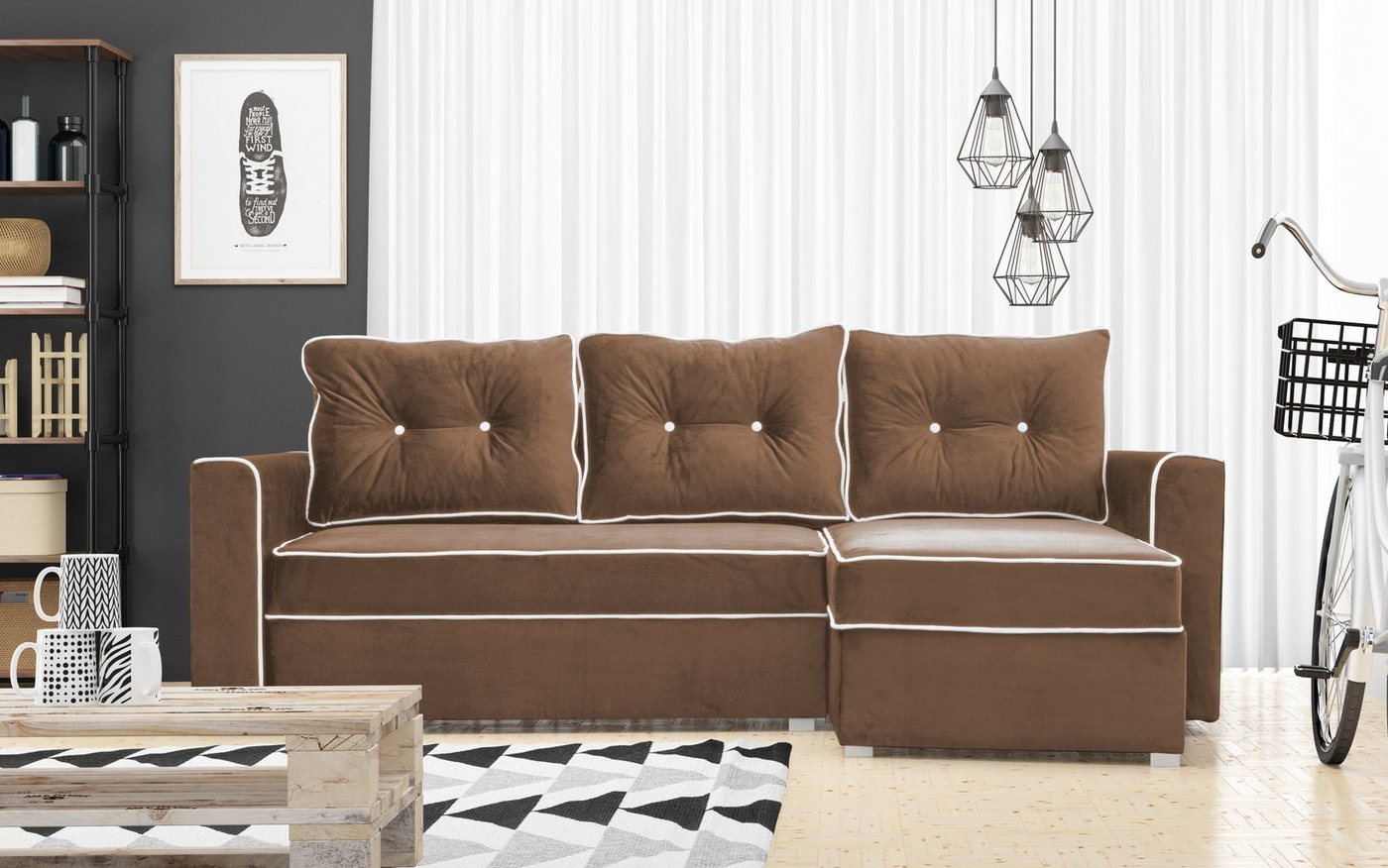 Furnix Schlafsofa ELARE Ecksofa Polstercouch mit Schlaffunktion, 2x Bettkasten, B230 x H90 x T145 cm, Sitzhöhe 45 cm, Liegefläche: 200 x 130 cm von Furnix