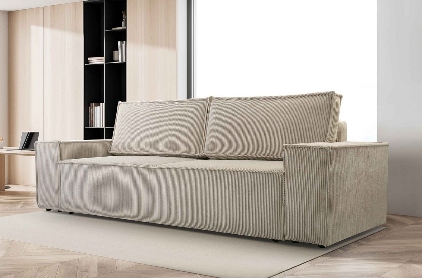 Furnix Schlafsofa MANGUSSI Polstersofa Couch mit Armlehnen und Bettkasten, Liegefläche 142x202 cm, Maße 202x92x94,5 cm, moderner Cord-Stoff von Furnix