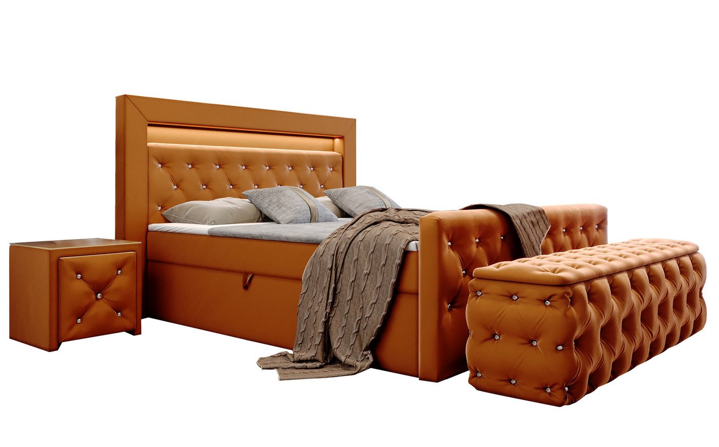 Furnix Schlafzimmer-Set Boxspringbett-Set Lizza mit Hocker und Nachttisch 120/140/160/180x200, dekorative Knöpfungen, üppige Polsterung, Glasplatte von Furnix