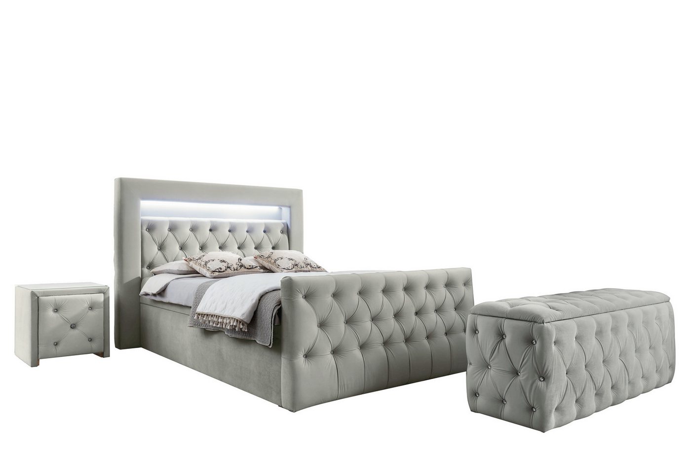 Furnix Schlafzimmer-Set Boxspringbett-Set Lizza mit Hocker und Nachttisch 120/140/160/180x200, dekorative Knöpfungen, üppige Polsterung, Glasplatte von Furnix