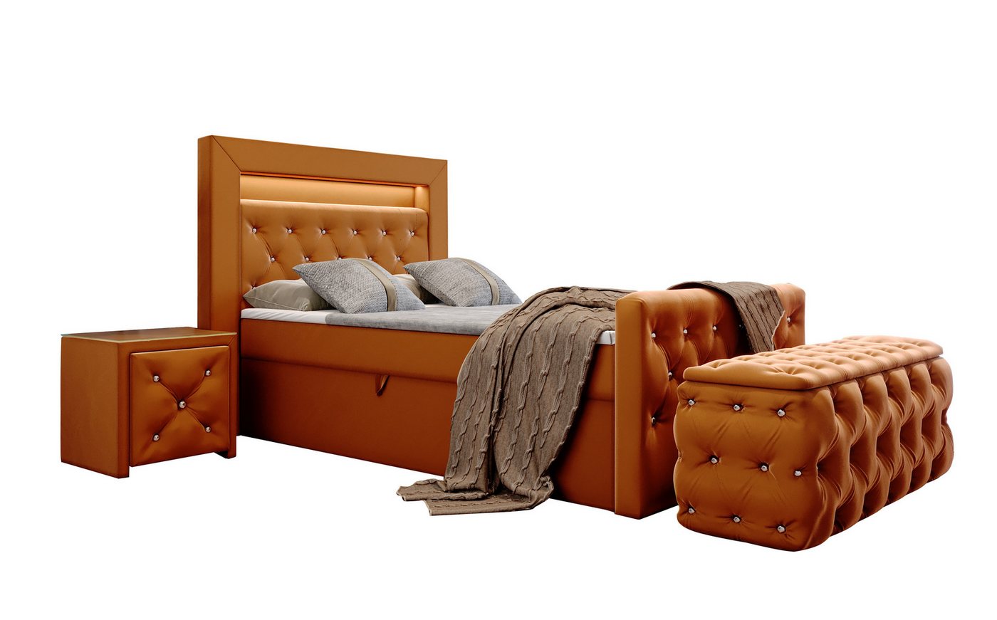 Furnix Schlafzimmer-Set Boxspringbett-Set Lizza mit Hocker und Nachttisch 120/140/160/180x200, dekorative Knöpfungen, üppige Polsterung, Glasplatte von Furnix