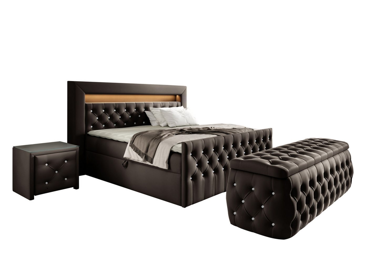 Furnix Schlafzimmer-Set Boxspringbett-Set Lizza mit Hocker und Nachttisch 120/140/160/180x200, dekorative Knöpfungen, üppige Polsterung, Glasplatte von Furnix