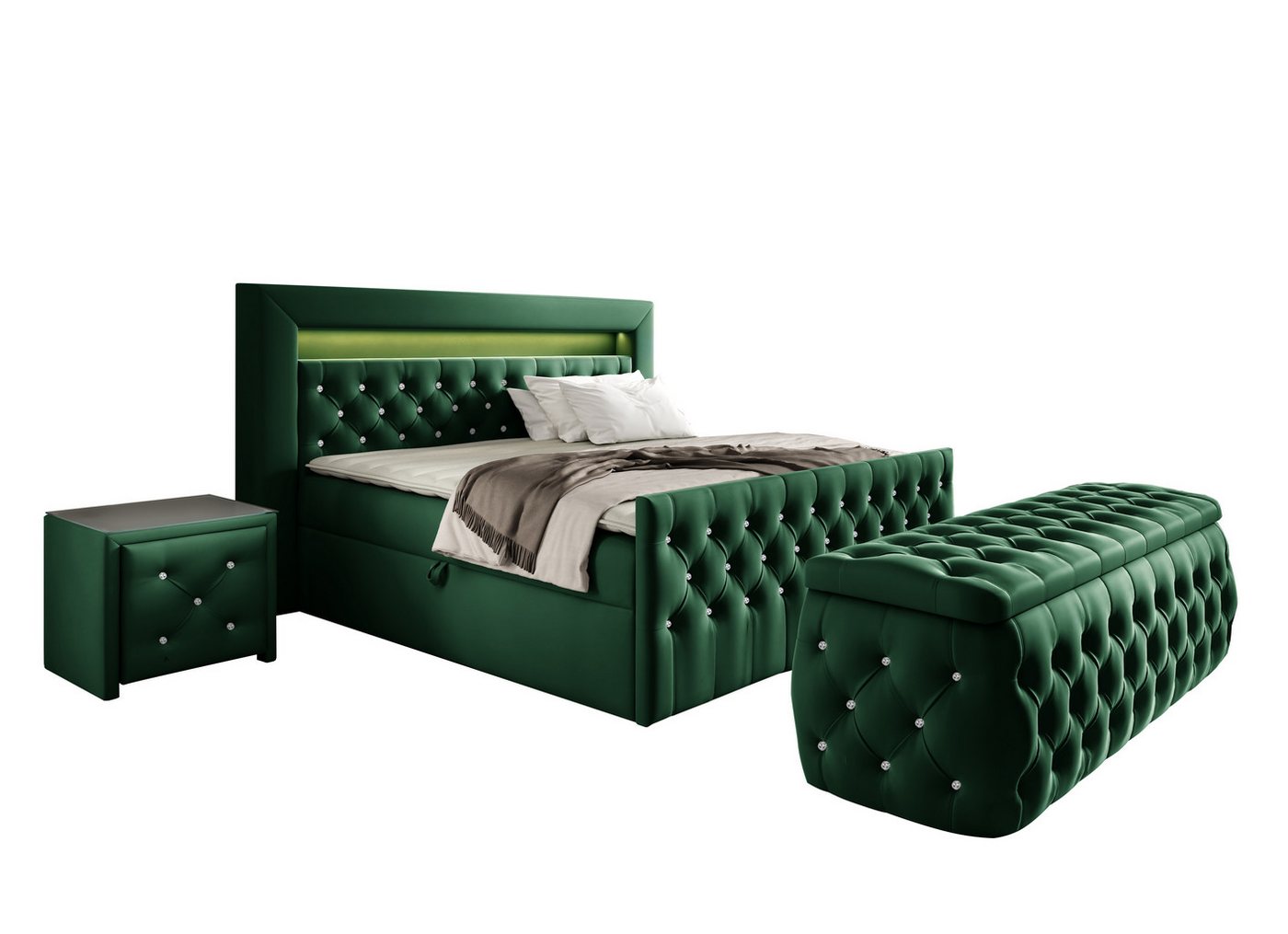 Furnix Schlafzimmer-Set Boxspringbett-Set Lizza mit Hocker und Nachttisch 120/140/160/180x200, dekorative Knöpfungen, üppige Polsterung, Glasplatte von Furnix