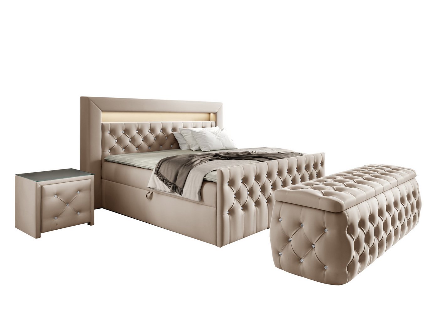 Furnix Schlafzimmer-Set Boxspringbett-Set Lizza mit Hocker und Nachttisch 120/140/160/180x200, dekorative Knöpfungen, üppige Polsterung, Glasplatte von Furnix