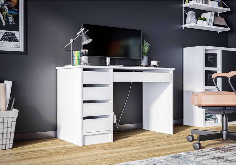 Furnix Schreibtisch Oficello Neu moderner Arbeitsplatz mit 5 Schubladen Weiß matt, Maße BxHxT 120x75x55 cm, pflegeleichte Oberflächen von Furnix