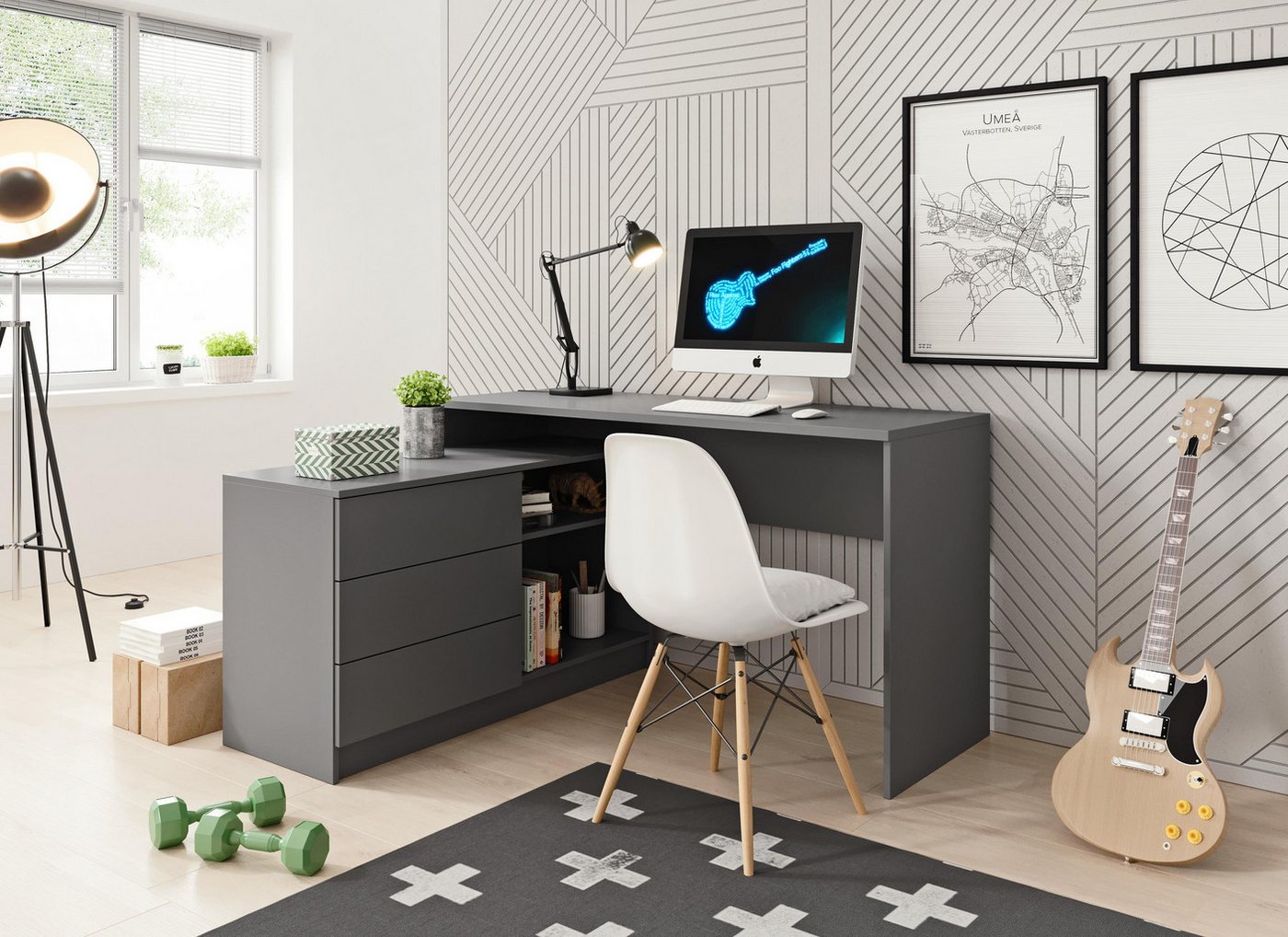 Furnix Schreibtisch TENNY PC-Tisch mit Kommode (3 Schubladen und 2 Ablagen) Weiß, variabel planbar, viel Stauraum, Design & Funktionalität von Furnix
