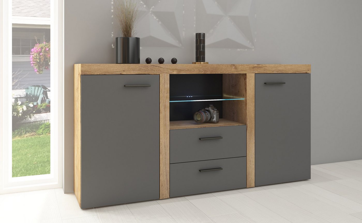 Furnix Sideboard RIVAY mit Glasvitrine 2F2S B156,4 cm klassisch, Breite 156,4 cm, Höhe 82 cm, Tiefe 40,3 cm von Furnix