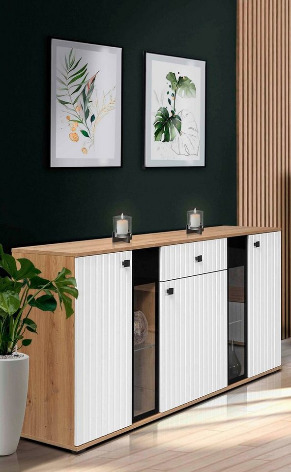 Furnix Sideboard SARAI 3-türige Anrichte mit Glastüren und Schublade 140 cm, Maße: B140,4 x H80 x T40,2 cm von Furnix