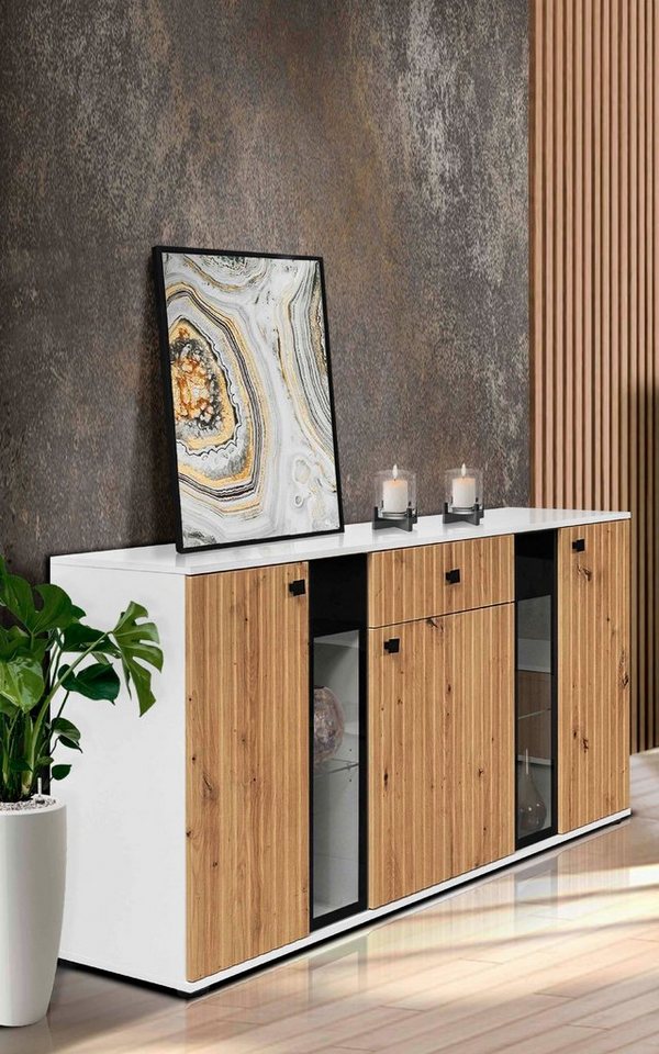 Furnix Sideboard SARAI 3-türige Anrichte mit Glastüren und Schublade 140 cm, Maße: B140,4 x H80 x T40,2 cm von Furnix