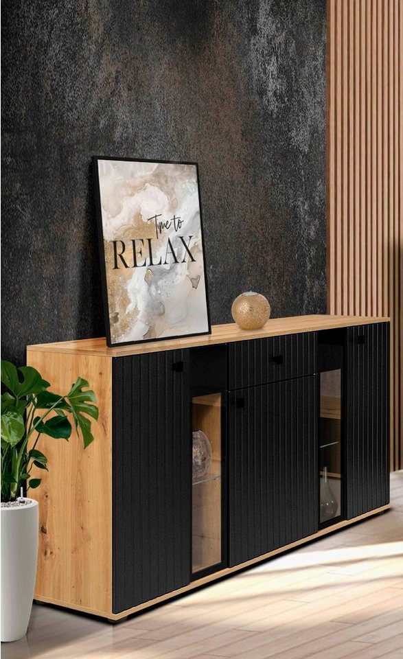 Furnix Sideboard SARAI 3-türige Anrichte mit Glastüren und Schublade 140 cm, Maße: B140,4 x H80 x T40,2 cm von Furnix