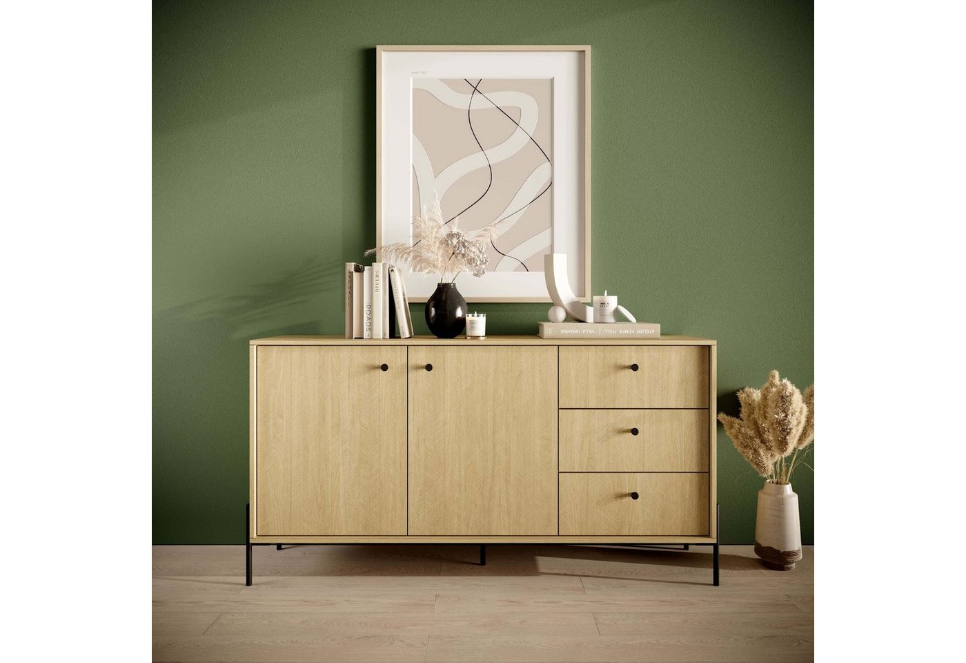 Furnix Sideboard SCANDINAWA 1572D3S mit schwarzen Metallfüßen Eiche/ Fischgräten, hochwertig, B156,8 x H81,4 x T39,5 cm, made in EU von Furnix