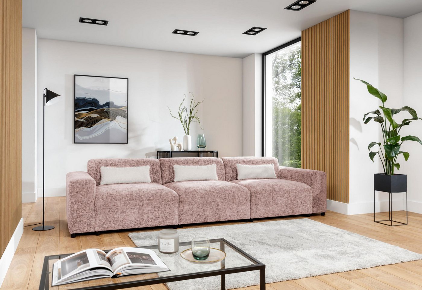 Furnix Sofa ROLIA 3-Sitzer moderne Polstercouch mit Armlehnen, hochwertiger Chenille-Stoff, Massivholz-Füße, 3 Zierkissen von Furnix