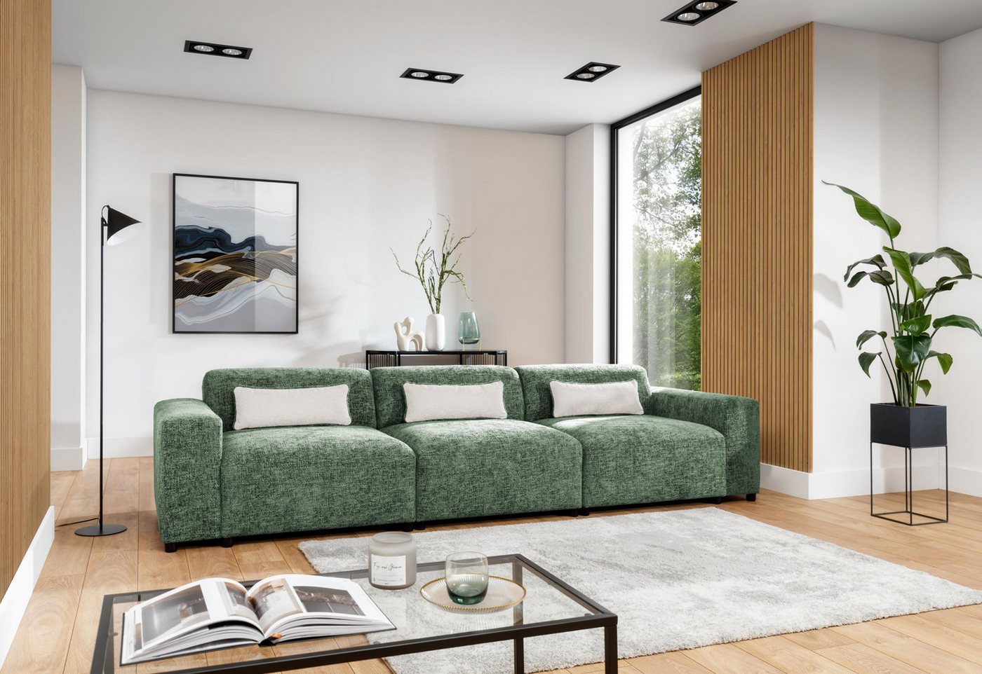 Furnix Sofa ROLIA 3-Sitzer moderne Polstercouch mit Armlehnen, hochwertiger Chenille-Stoff, Massivholz-Füße, 3 Zierkissen von Furnix