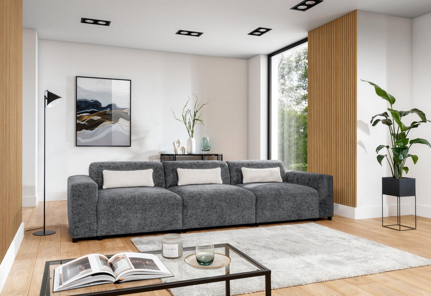 Furnix Sofa ROLIA 3-Sitzer moderne Polstercouch mit Armlehnen, hochwertiger Chenille-Stoff, Massivholz-Füße, 3 Zierkissen von Furnix