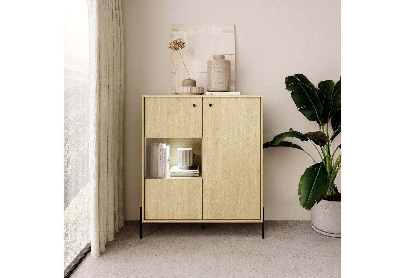 Furnix Standvitrine SCANDINAWA Highboard mit Glastüren Scandi Eiche/ Fischgräten hochwerig, geräumig, made in EU von Furnix