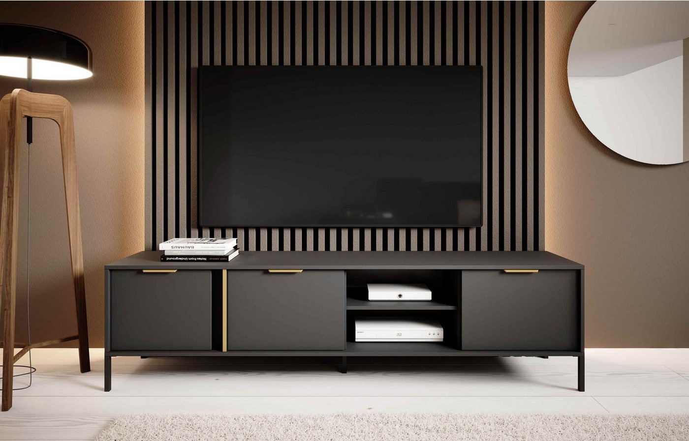 Furnix TV-Board LARSONS 203F 3D Fernsehschrank 3 Flügeltüren Anthrazit, B202,9 cm x H53,4 cm x T39,5 cm, Metallbeine von Furnix