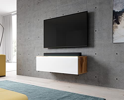 Furnix TV Lowboard Bargo Fernsehschrank Weiß ohne LED-Beleuchtung B100 x H34 x T32 cm - TV-Schrank Kommode Sideboard, 2 Fächer mit Tür „Push-Click“, Wandmontage möglich von Furnix