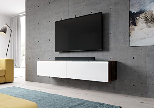 Furnix TV Lowboard Bargo - Fernsehschrank Weiß ohne LED-Beleuchtung - B140 x H34 x T32 cm - TV-Schrank Kommode Sideboard, 2 Fächer mit Tür „Push-Click“, Wandmontage möglich von Furnix