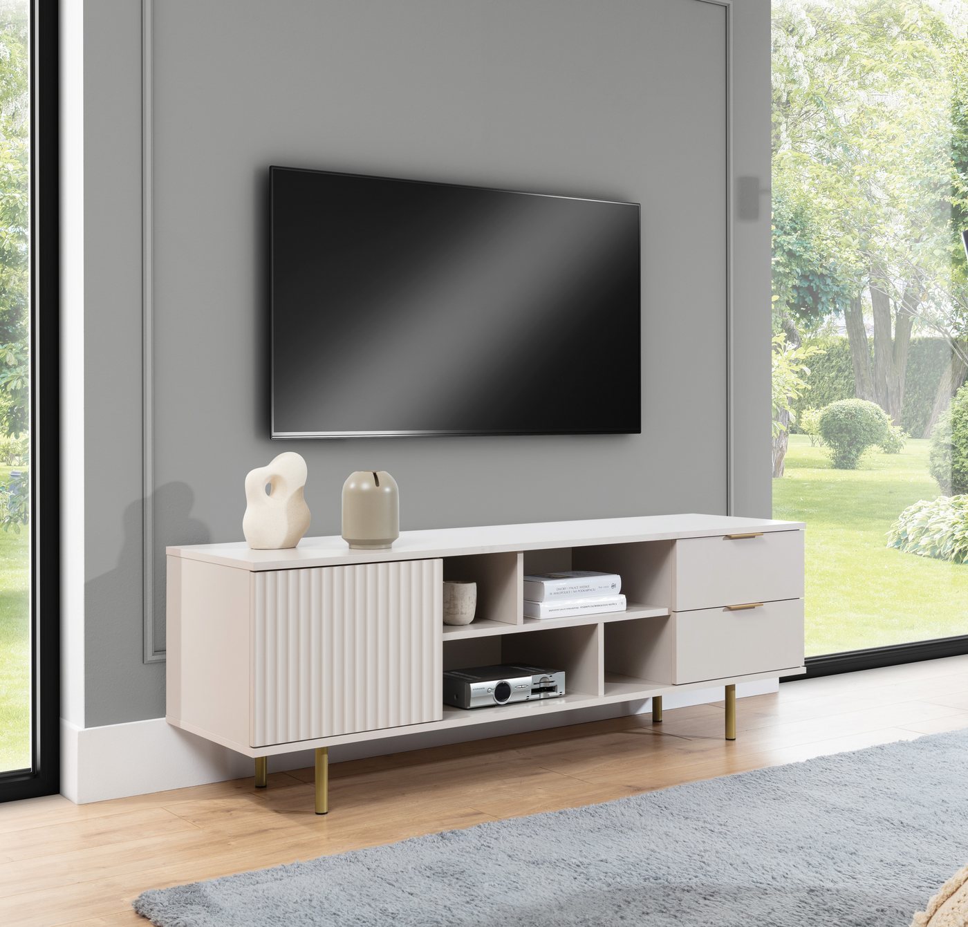 Furnix TV-Schrank Nadija RTV Kabinett mit zwei Schubladen und Metallfüßen 2 Farben BxHxT:, 150x52x41 cm von Furnix