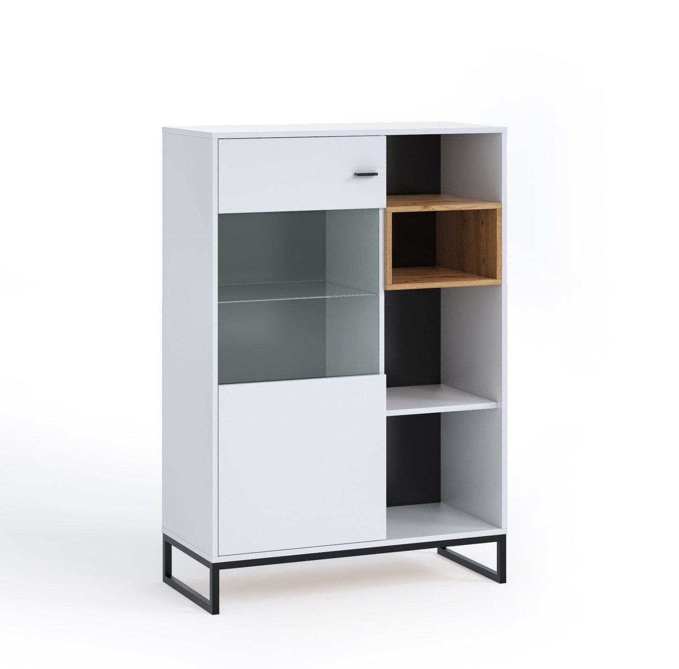 Furnix Vitrine RELIO WIT90 Highboard mit Metallgestell Weiß o. Artisan B90 x H130 x T40 cm von Furnix