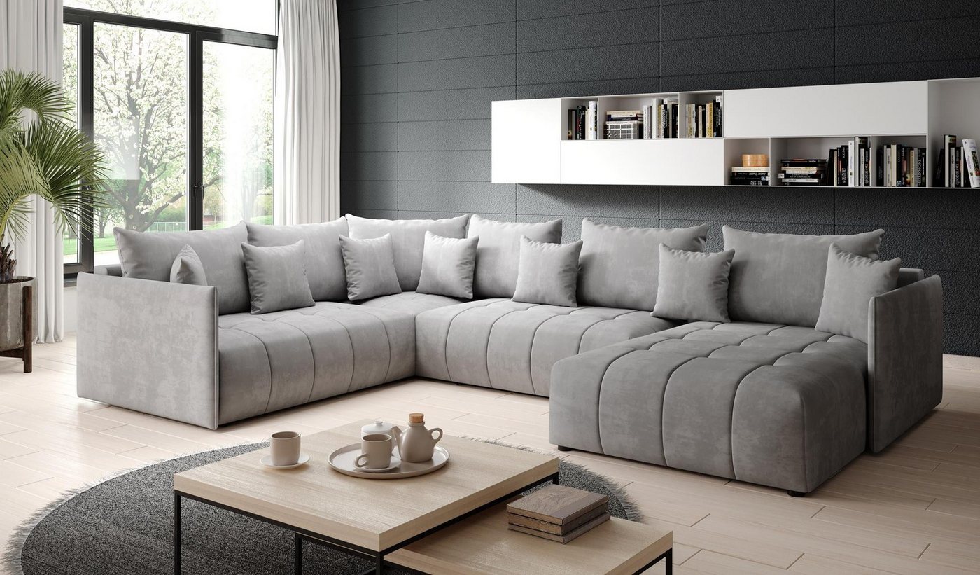 Furnix Wohnlandschaft ASVIL BIS Polstercouch in U-Form mit Bettkasten und Kissen Farbauswahl, Masse 345 x 180/229 x 80 cm, gemütlich und funktional von Furnix