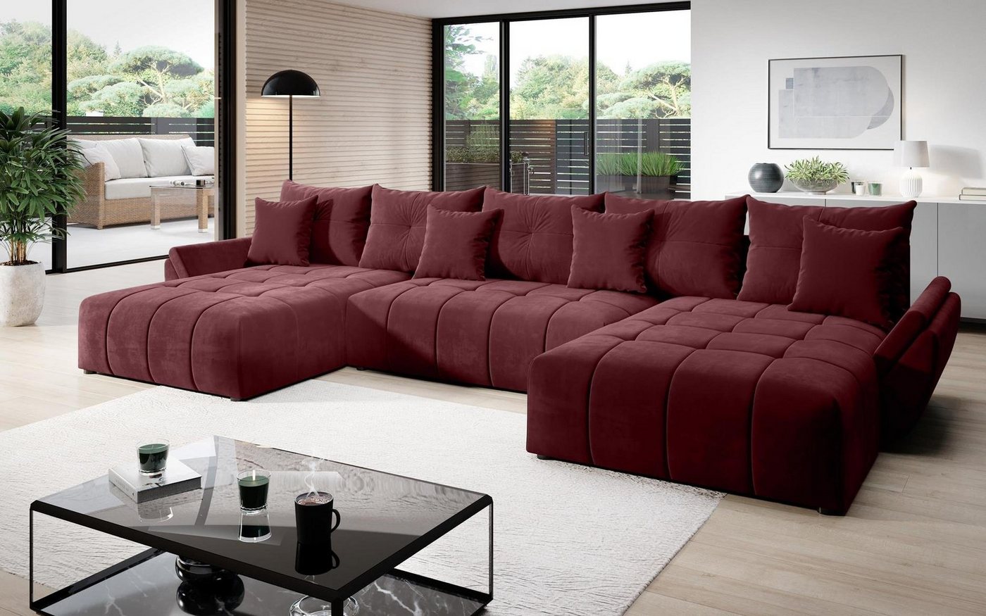 Furnix Wohnlandschaft Amarra Polstercouch in U-Form mit Schlaffunktion Bettkasten Kissen, Maße 382x71/91x190 cm, hochwertige Polsterstoffe von Furnix